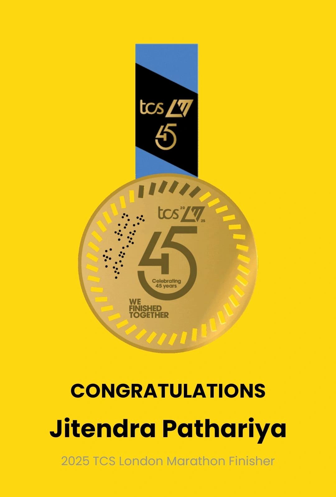 TCS London Marathon 2025 finisher medal graphic congratulating Jitendra Pathariya